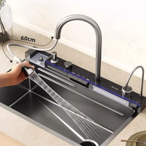 Ulosvedettävä hana_Ruostumattomasta_Teräksestä_ja_Nanopinnoitteinen_Pesuallas_+_Lisävarusteet__-_Digitaalinäyttöinen_Hana_-_Kupin_pikahuuhtelu_-_2x_Erillaista_Vesiputoushanaa